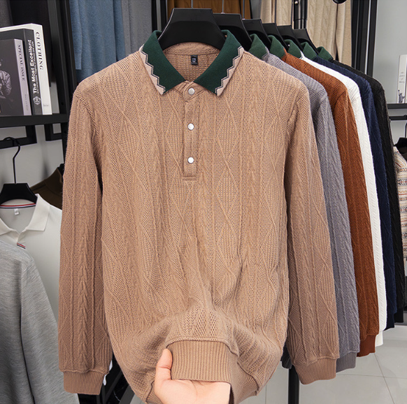 Men's Textured Knit Long Sleeve Polo Shirt