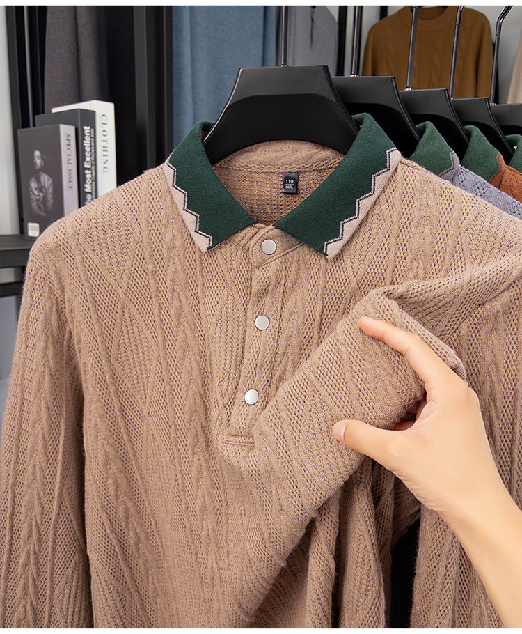 Men's Textured Knit Long Sleeve Polo Shirt