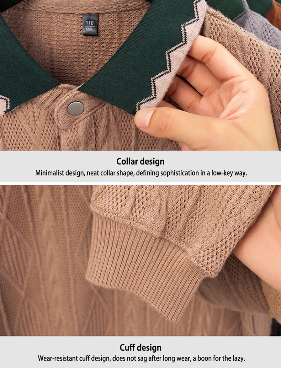 Men's Textured Knit Long Sleeve Polo Shirt