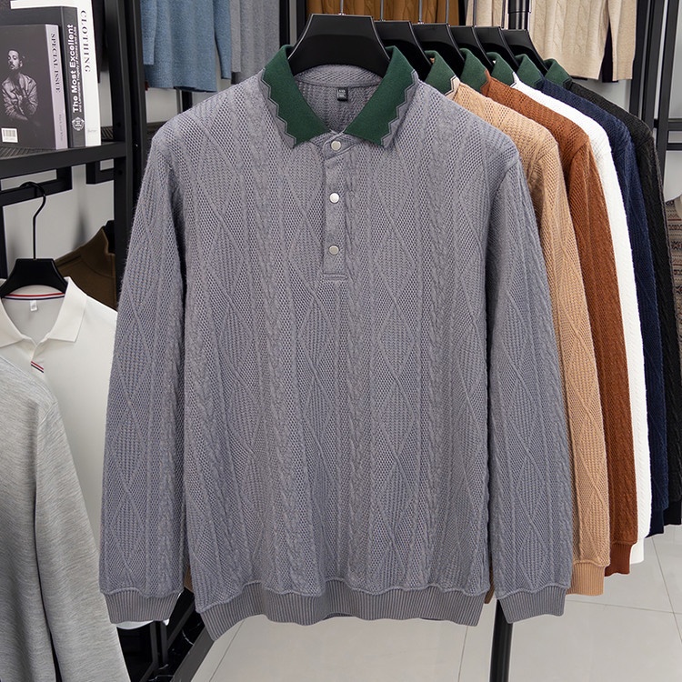 Men's Textured Knit Long Sleeve Polo Shirt
