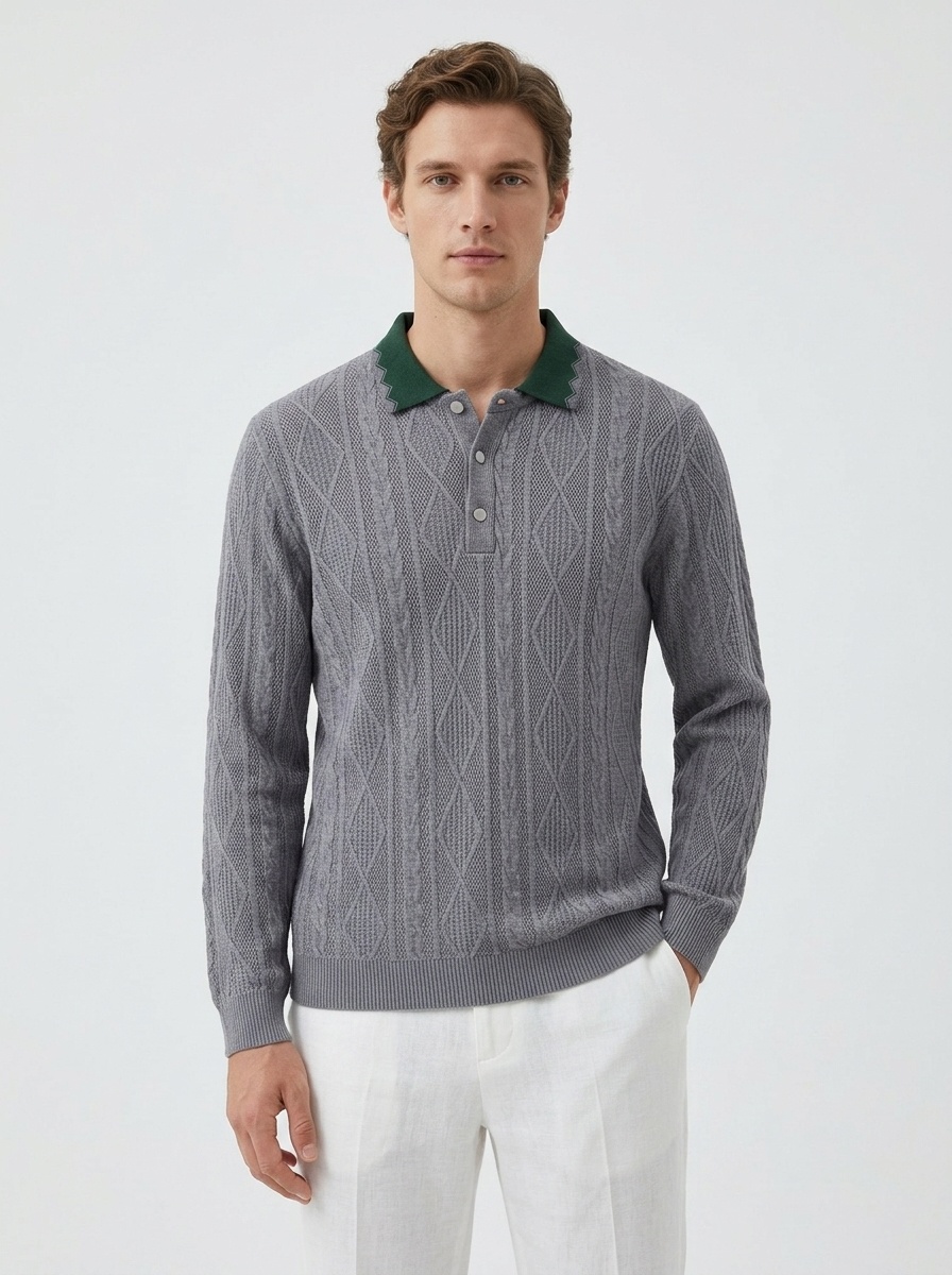 Men's Textured Knit Long Sleeve Polo Shirt