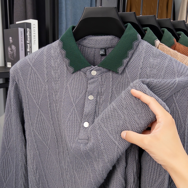 Men's Textured Knit Long Sleeve Polo Shirt