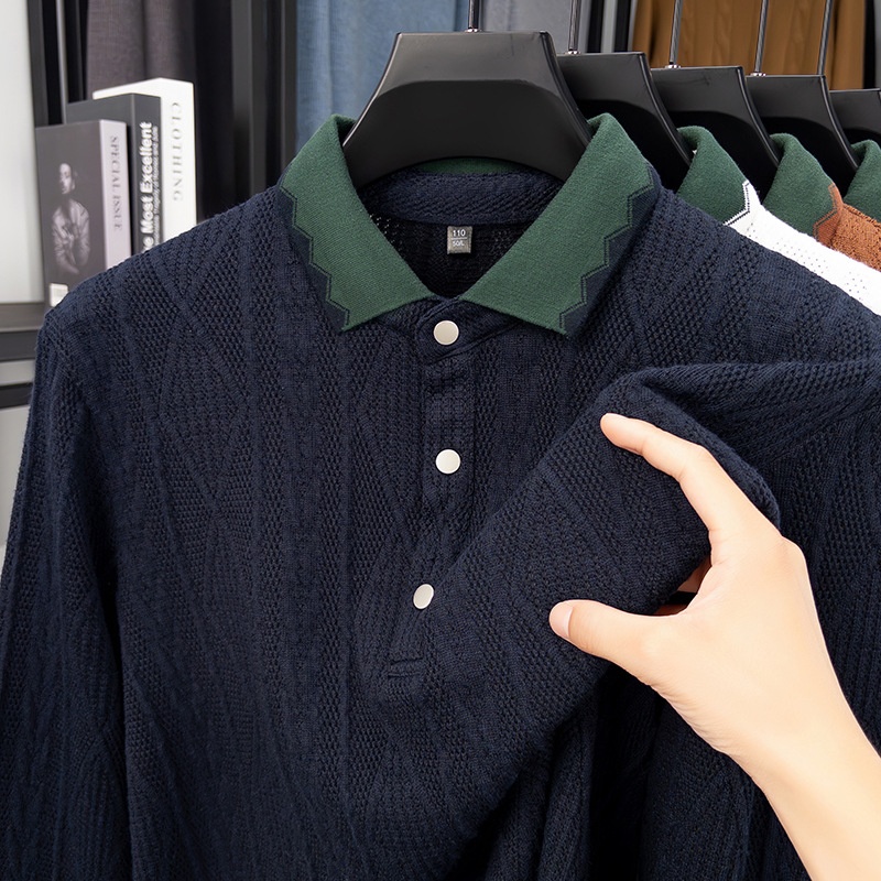 Men's Textured Knit Long Sleeve Polo Shirt