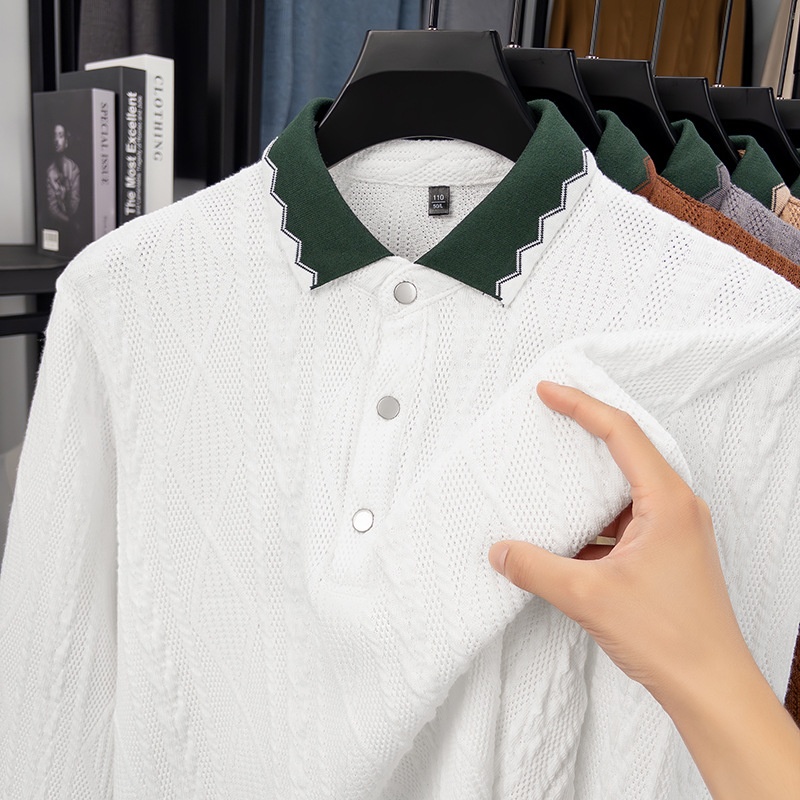 Men's Textured Knit Long Sleeve Polo Shirt