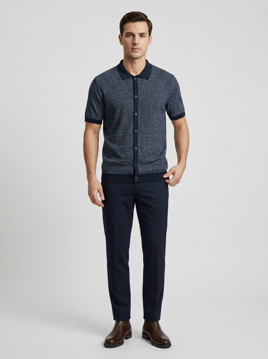 Men's Knit Short Sleeve Polo Cardigan Shirt