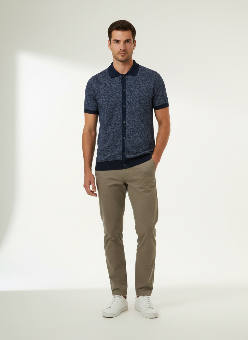 Men's Knit Short Sleeve Polo Cardigan Shirt