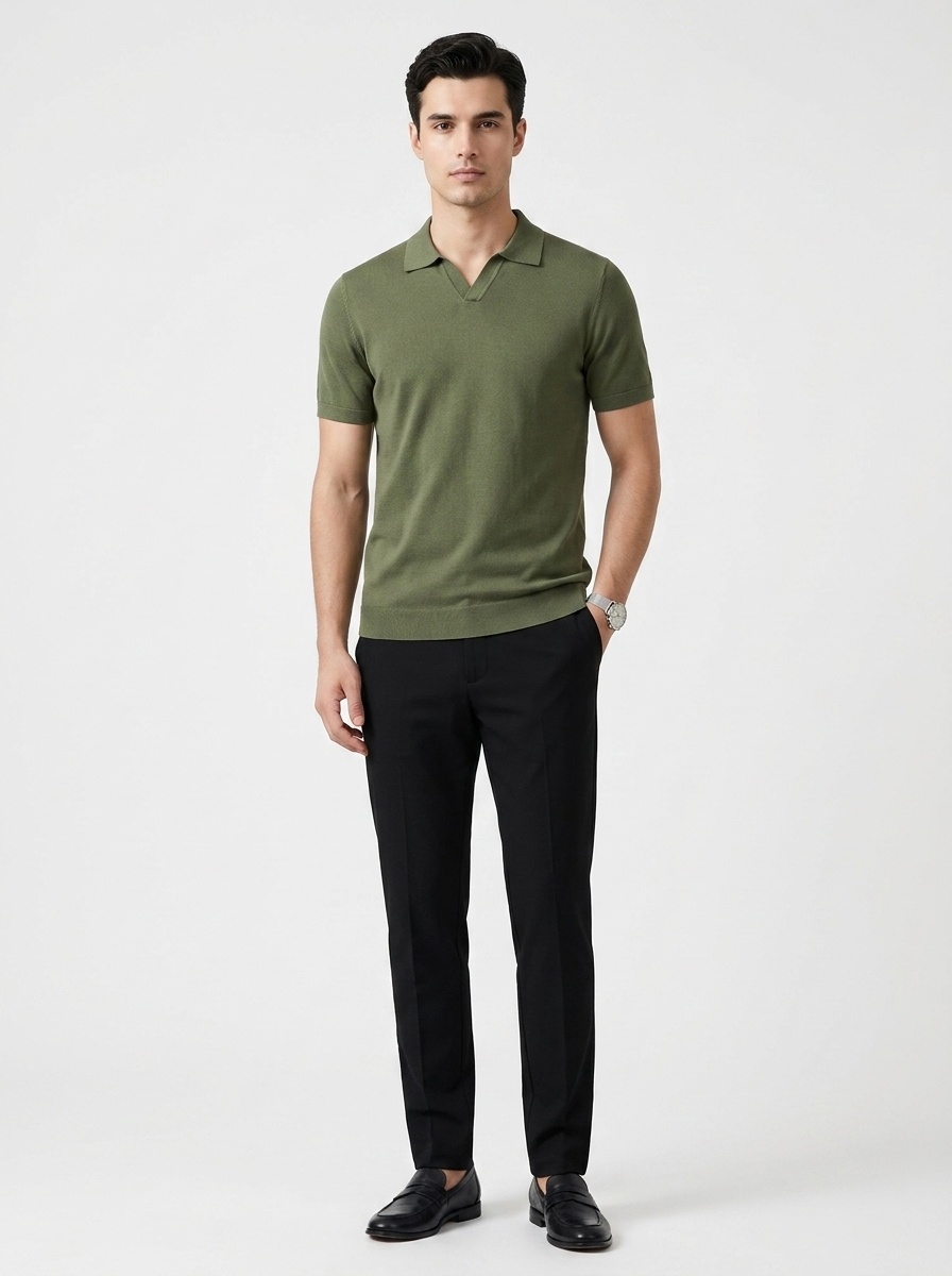 Men's Knitted V-Neck Polo Shirt - Short Sleeve Comfort