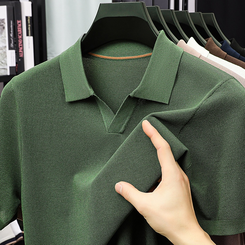 Men's Knitted V-Neck Polo Shirt - Short Sleeve Comfort