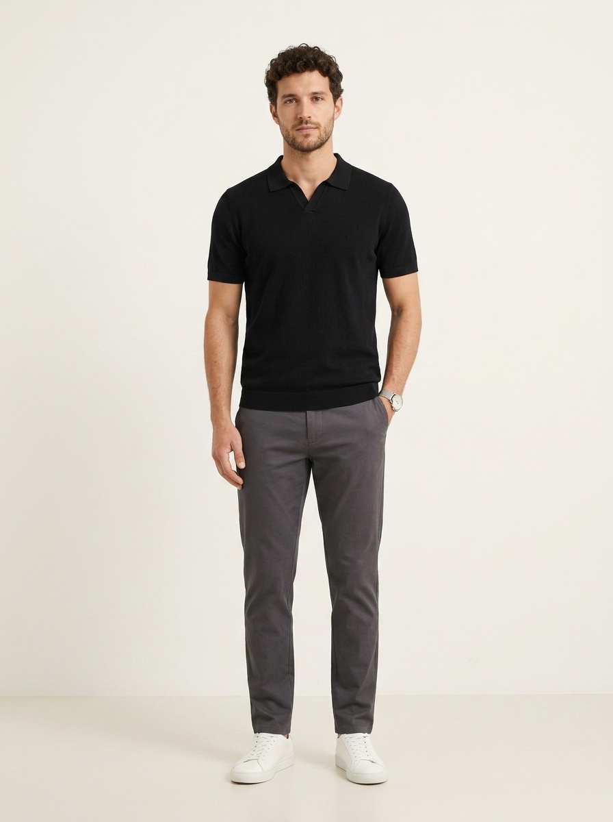 Men's Knitted V-Neck Polo Shirt - Short Sleeve Comfort