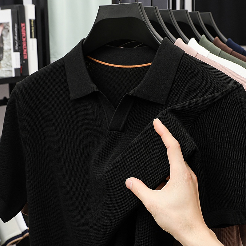 Men's Knitted V-Neck Polo Shirt - Short Sleeve Comfort