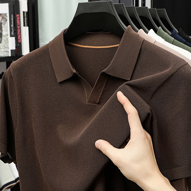 Men's Knitted V-Neck Polo Shirt - Short Sleeve Comfort