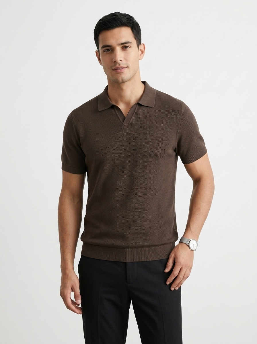 Men's Knitted V-Neck Polo Shirt - Short Sleeve Comfort