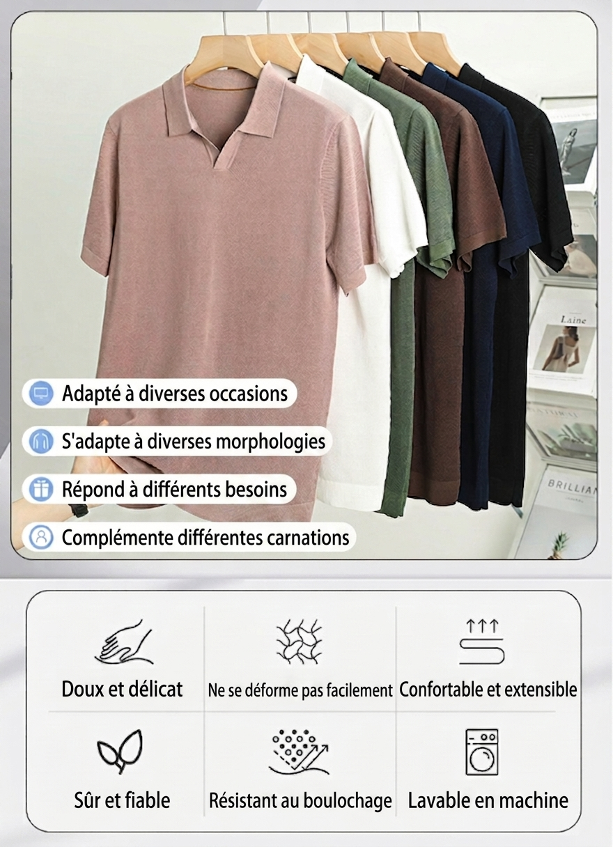 Polo homme à col en V en maille - Manches courtes confortables