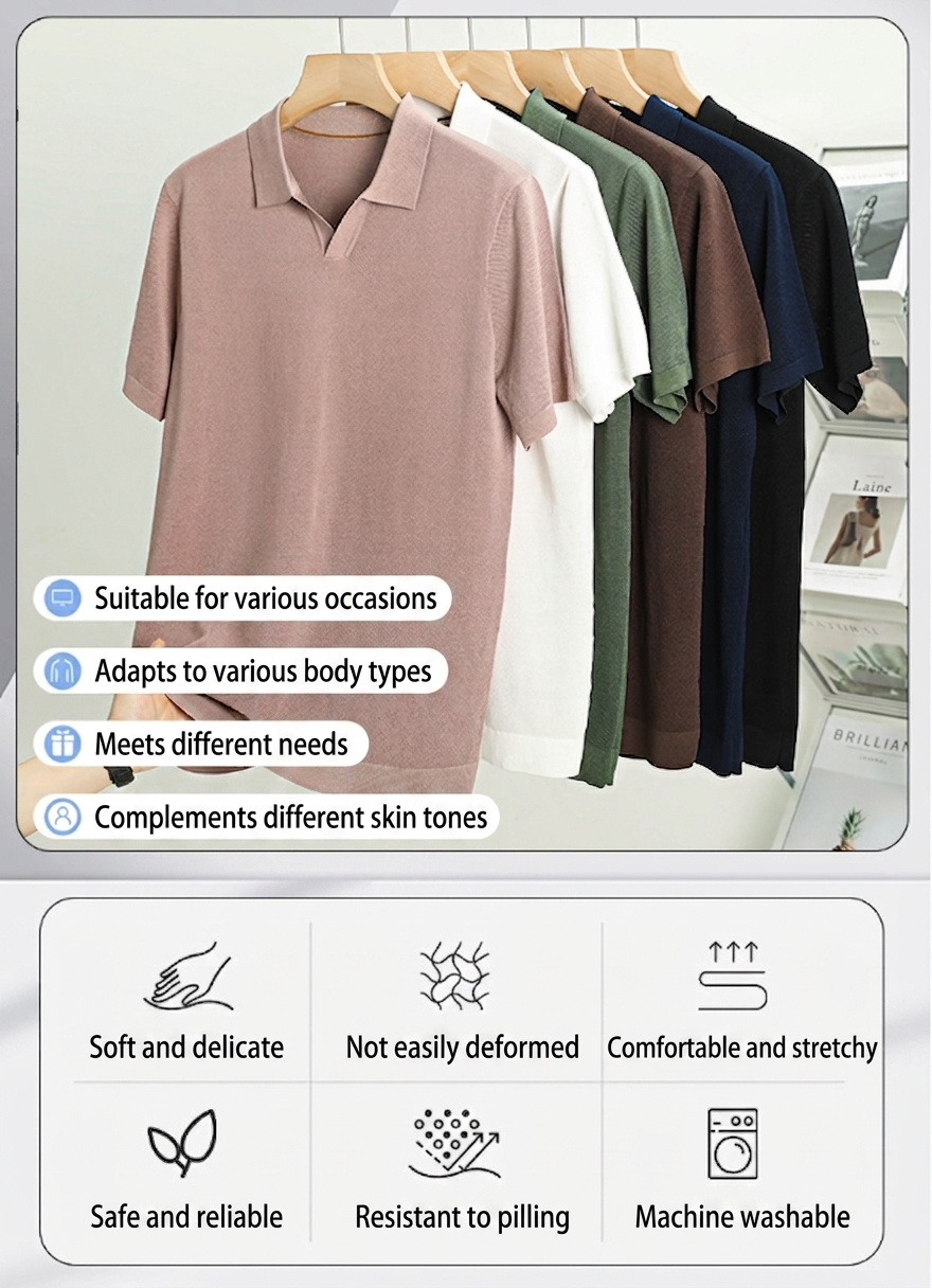 Men's Knitted V-Neck Polo Shirt - Short Sleeve Comfort