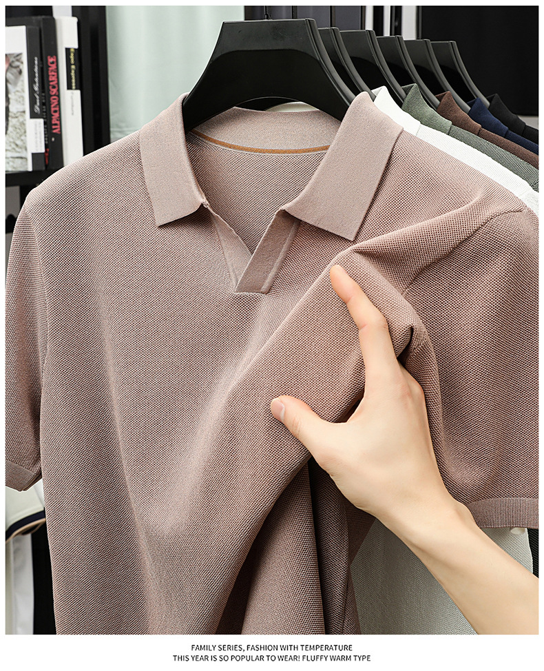Men's Knitted V-Neck Polo Shirt - Short Sleeve Comfort