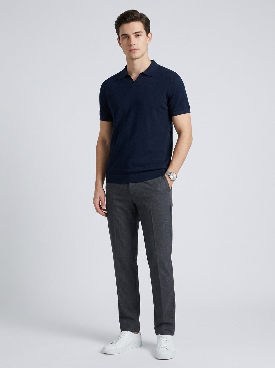 Men's Knitted V-Neck Polo Shirt - Short Sleeve Comfort