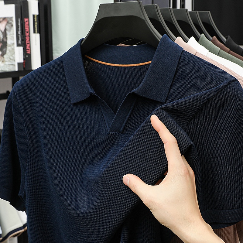 Men's Knitted V-Neck Polo Shirt - Short Sleeve Comfort