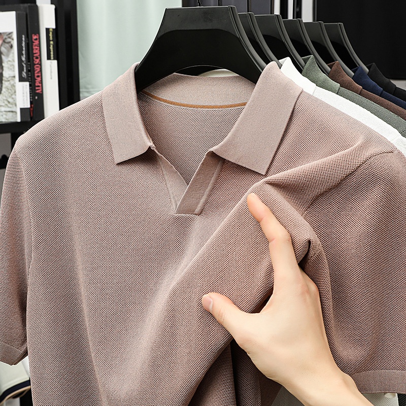 Men's Knitted V-Neck Polo Shirt - Short Sleeve Comfort