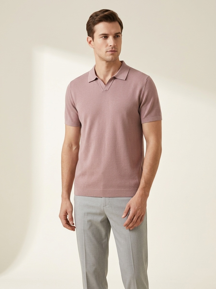 Men's Knitted V-Neck Polo Shirt - Short Sleeve Comfort