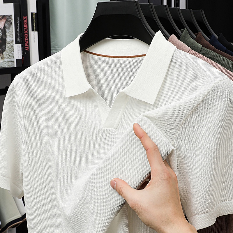 Men's Knitted V-Neck Polo Shirt - Short Sleeve Comfort