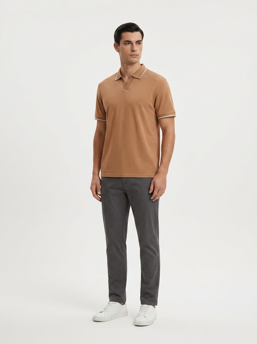 Men's Casual V-Neck Polo Shirt - Short Sleeve Knit Top