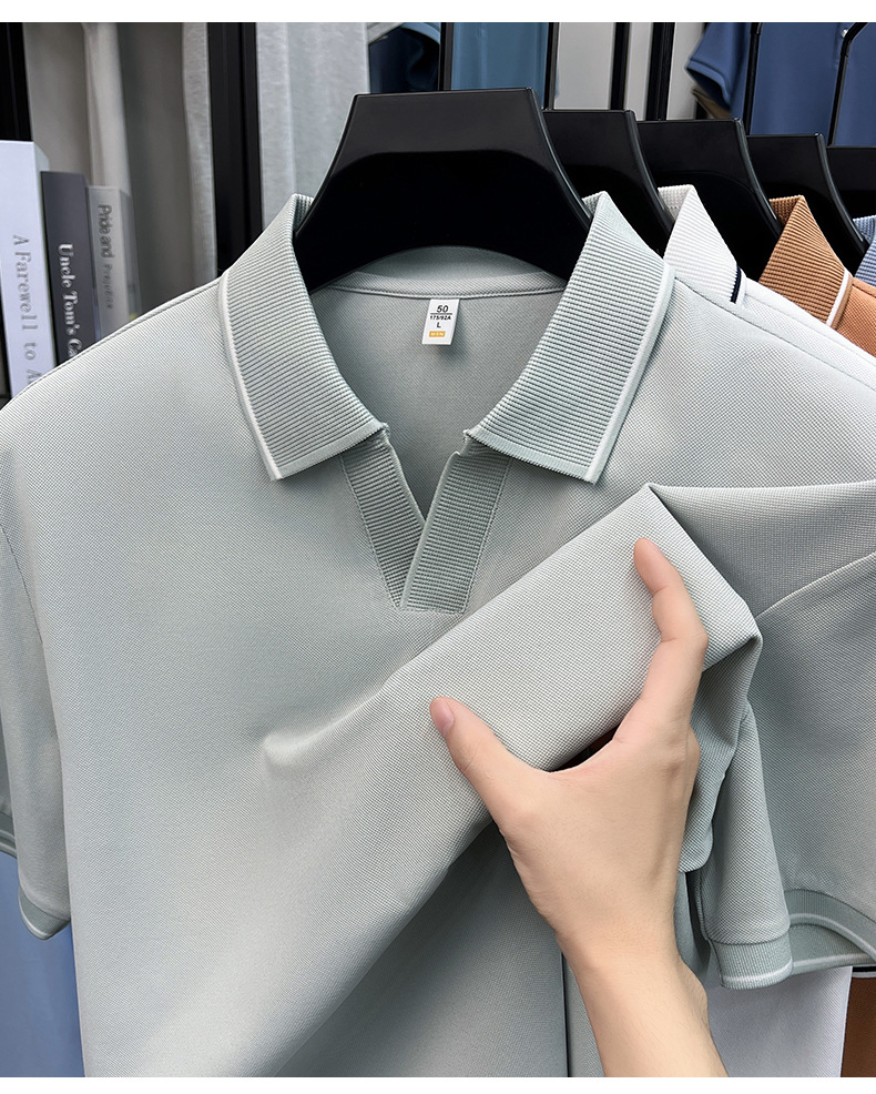 Men's Casual V-Neck Polo Shirt - Short Sleeve Knit Top