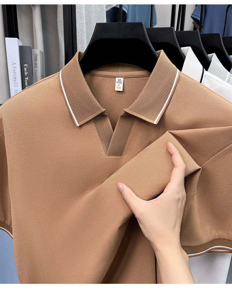 Men's Casual V-Neck Polo Shirt - Short Sleeve Knit Top