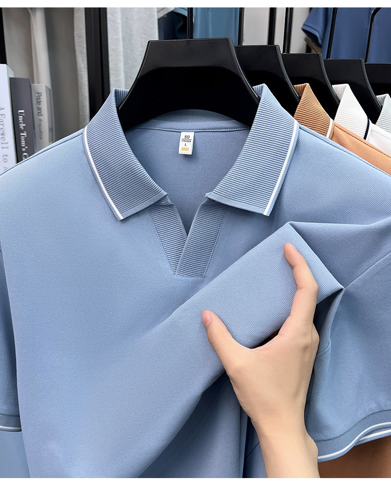 Men's Casual V-Neck Polo Shirt - Short Sleeve Knit Top