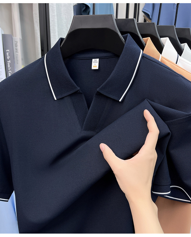 Men's Casual V-Neck Polo Shirt - Short Sleeve Knit Top