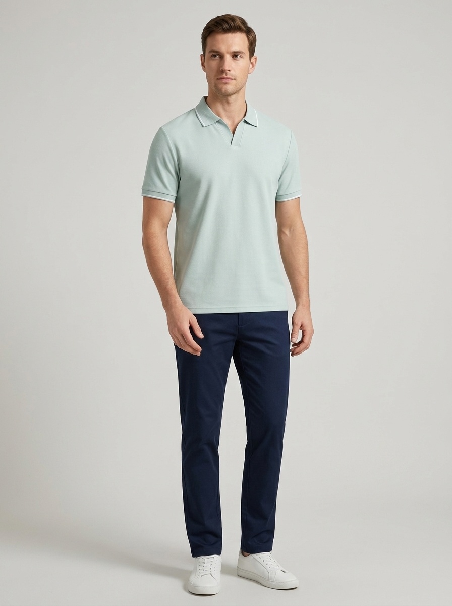 Men's Casual V-Neck Polo Shirt - Short Sleeve Knit Top