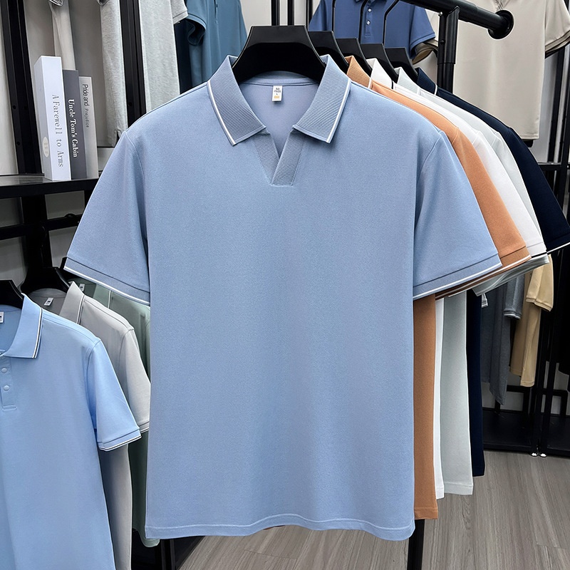 Men's Casual V-Neck Polo Shirt - Short Sleeve Knit Top