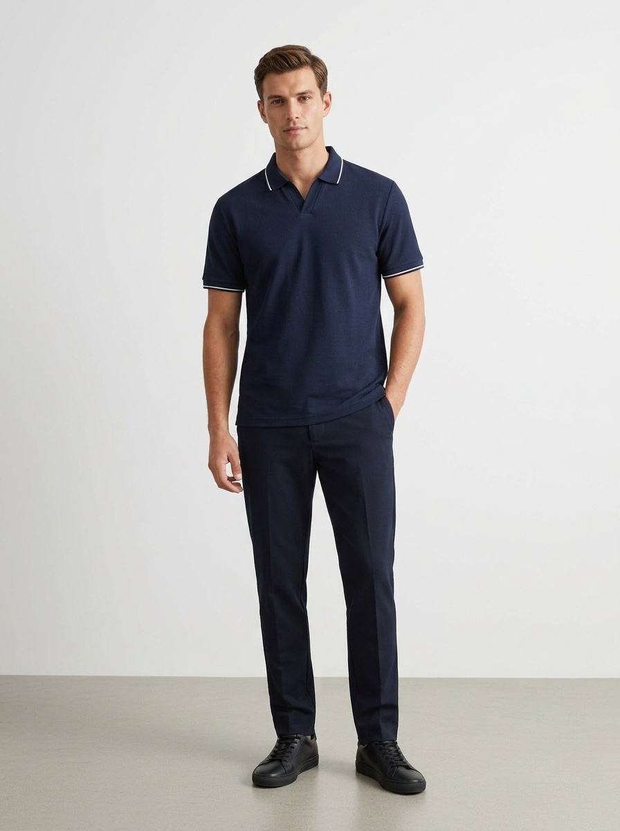 Men's Casual V-Neck Polo Shirt - Short Sleeve Knit Top