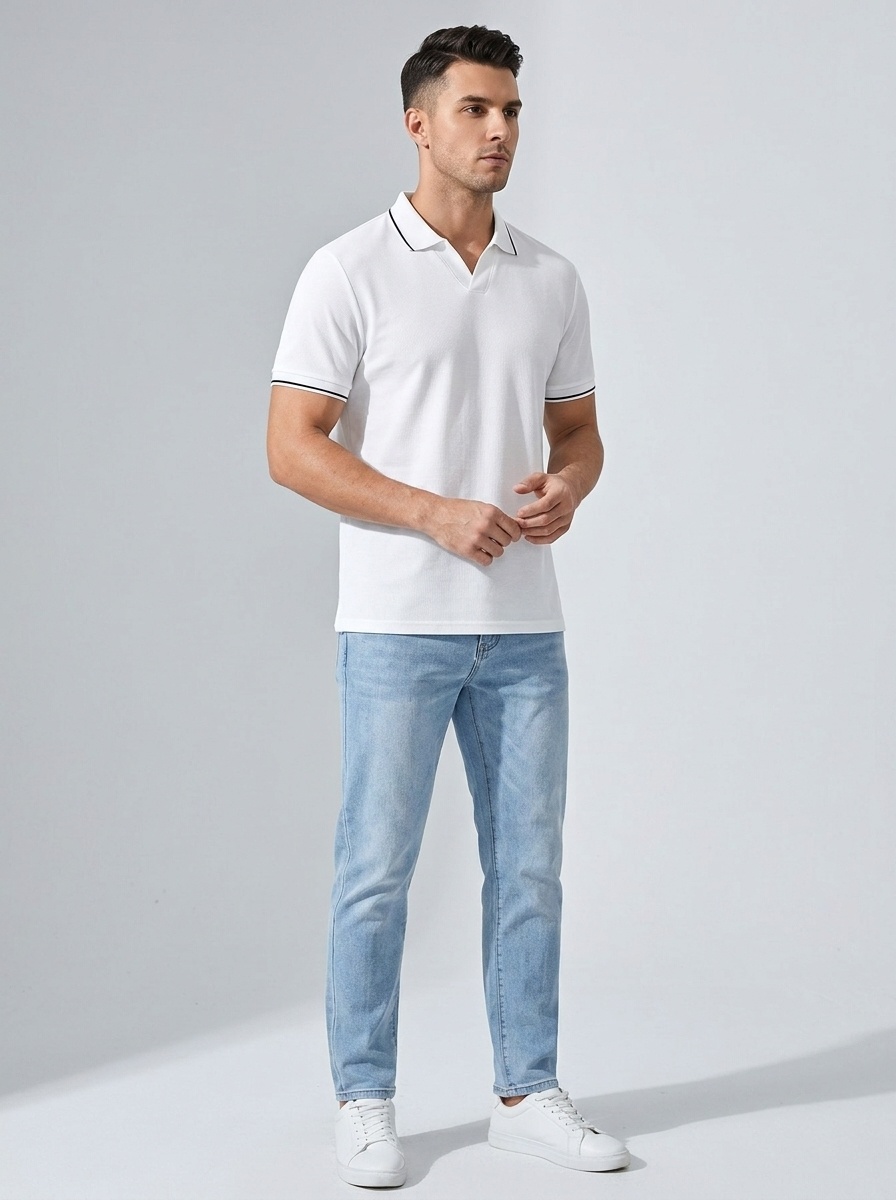 Men's Casual V-Neck Polo Shirt - Short Sleeve Knit Top