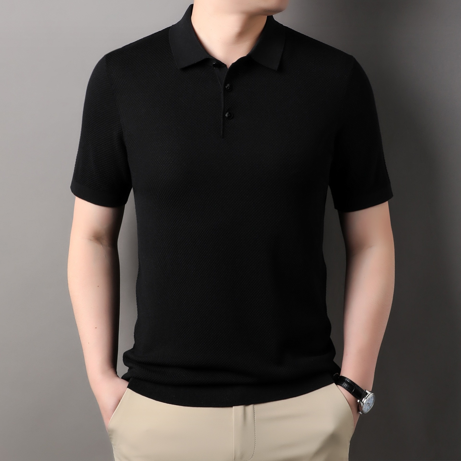 Men's Knitted Polo Shirt - Short Sleeve Textured Comfort