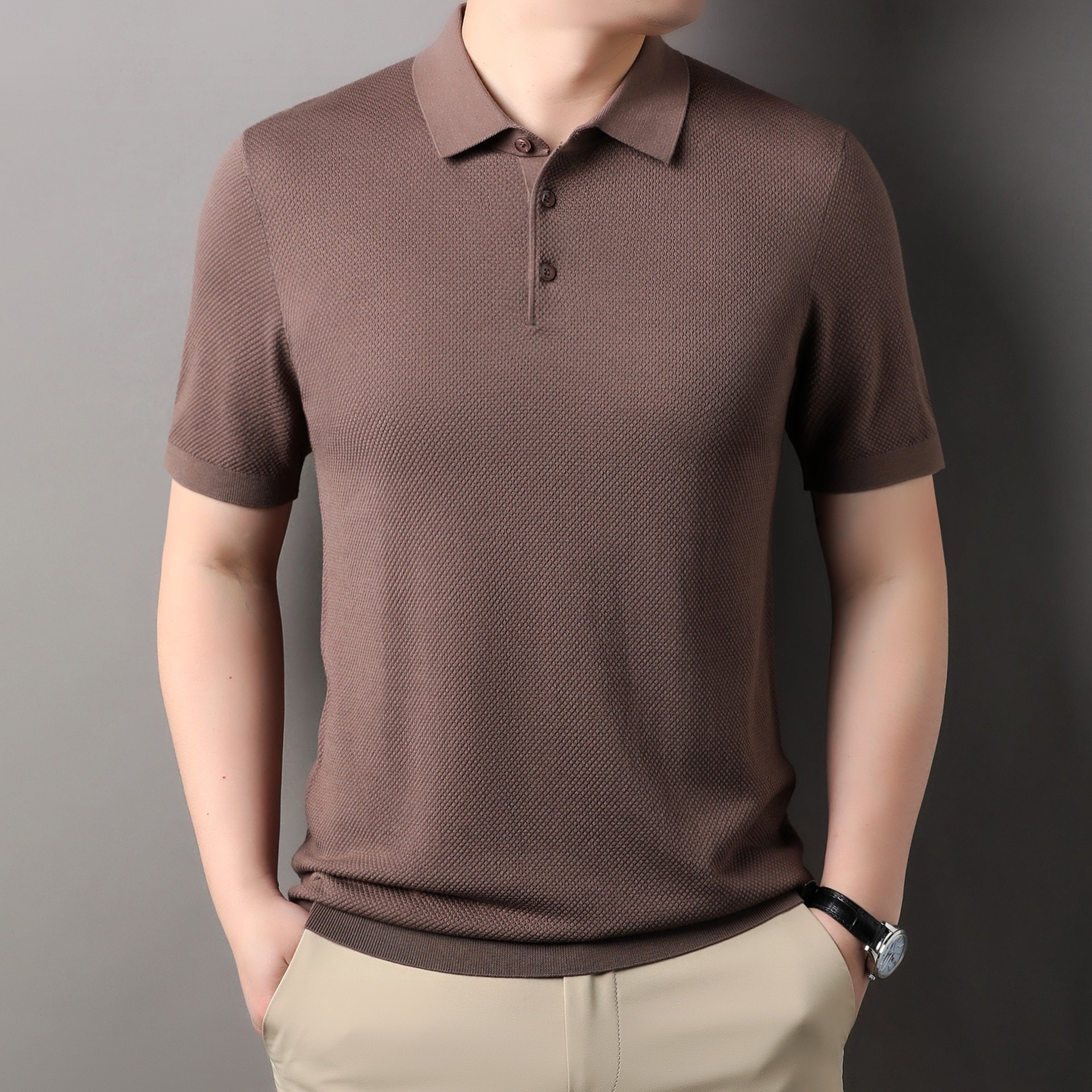 Men's Knitted Polo Shirt - Short Sleeve Textured Comfort