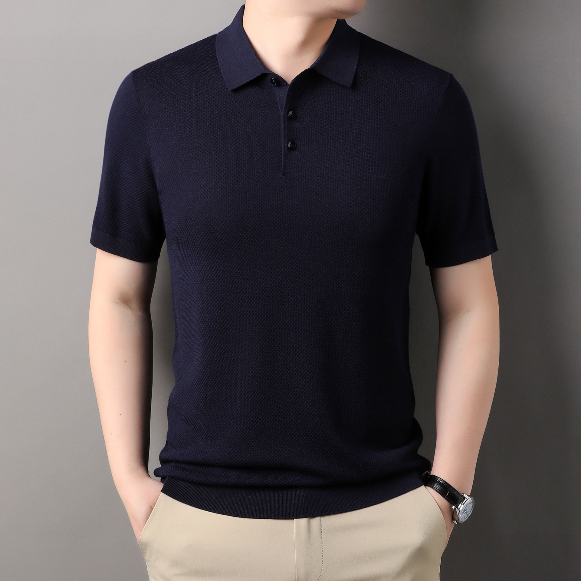 Men's Knitted Polo Shirt - Short Sleeve Textured Comfort