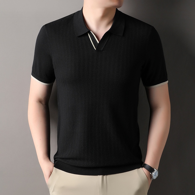 Men's Knitted V-Neck Short Sleeve Polo Shirt