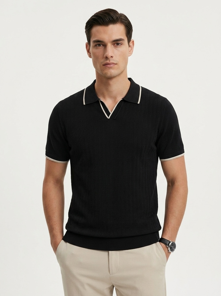 Men's Knitted V-Neck Short Sleeve Polo Shirt