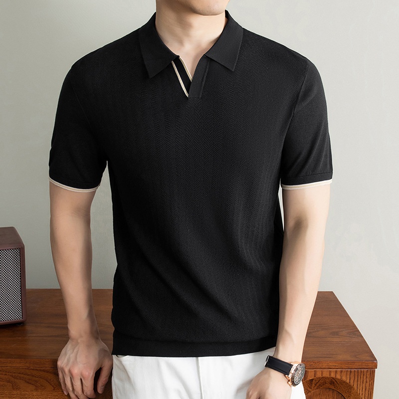 Men's Knitted V-Neck Short Sleeve Polo Shirt