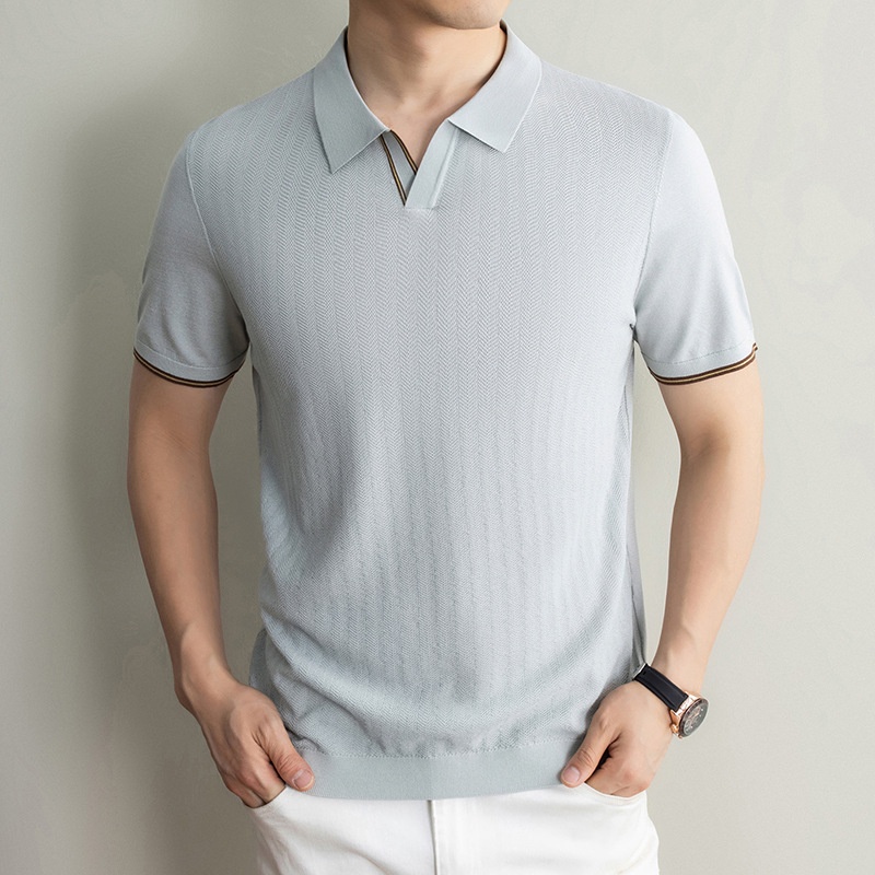 Men's Knitted V-Neck Short Sleeve Polo Shirt