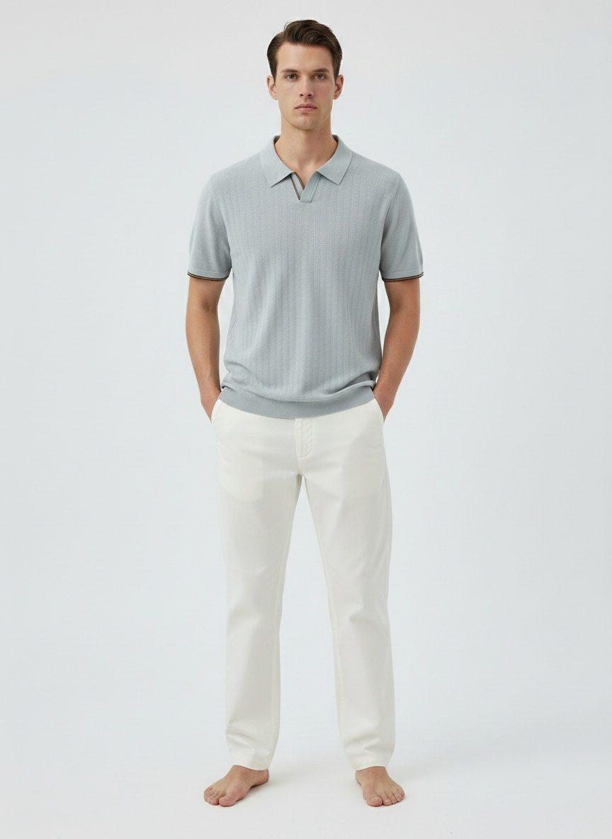 Men's Knitted V-Neck Short Sleeve Polo Shirt