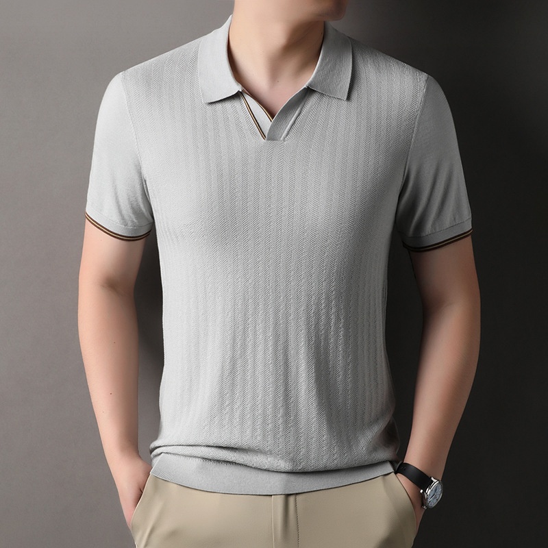 Men's Knitted V-Neck Short Sleeve Polo Shirt