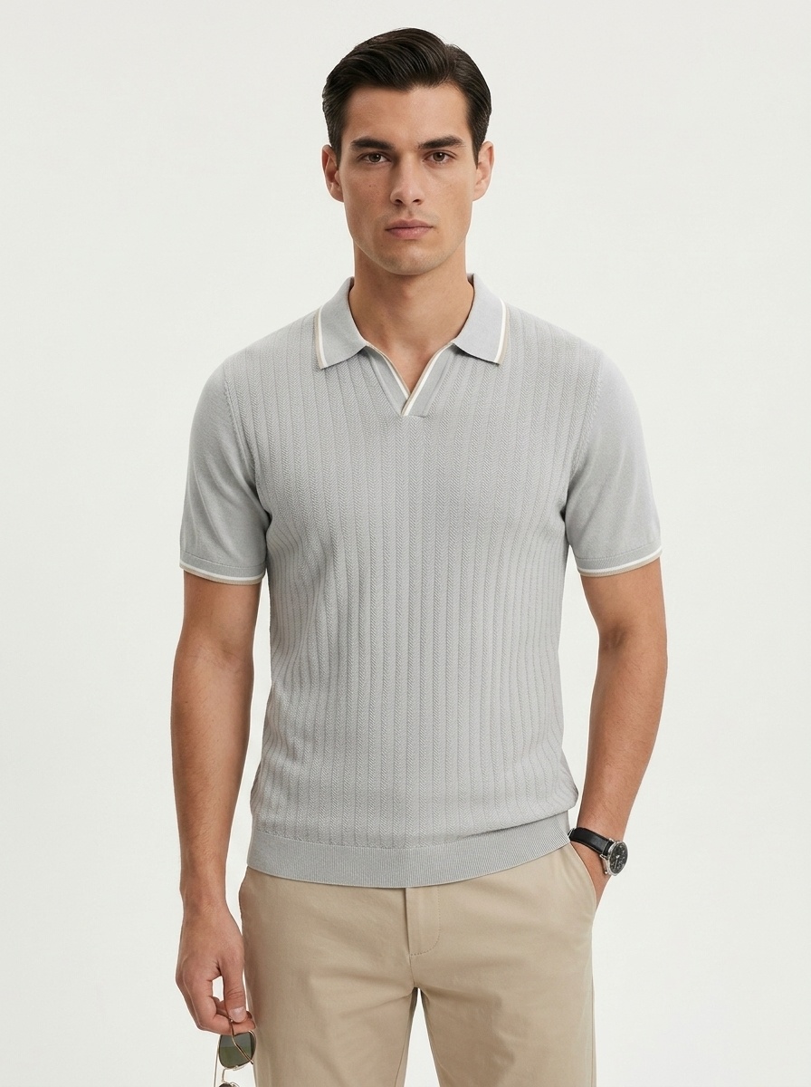 Men's Knitted V-Neck Short Sleeve Polo Shirt