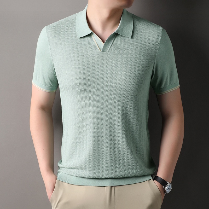Men's Knitted V-Neck Short Sleeve Polo Shirt