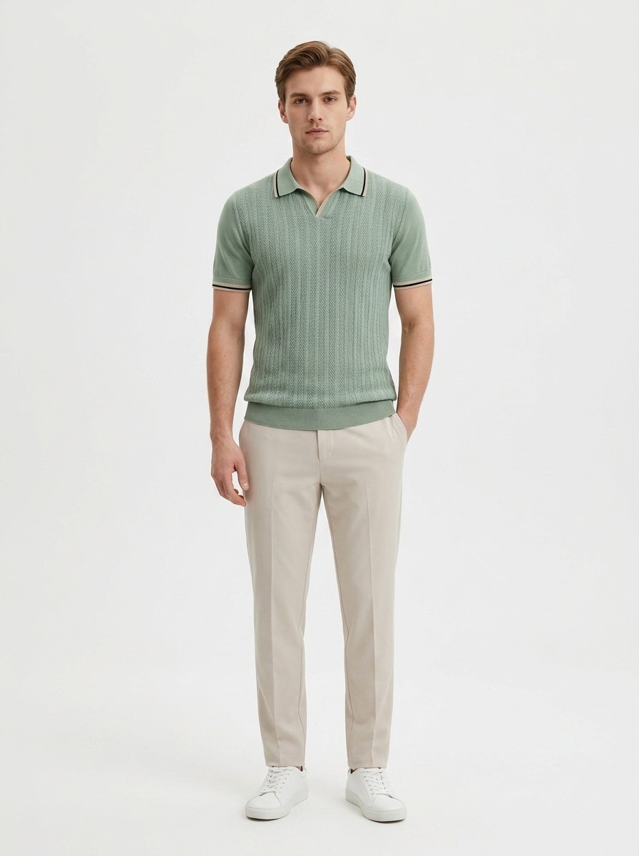 Men's Knitted V-Neck Short Sleeve Polo Shirt