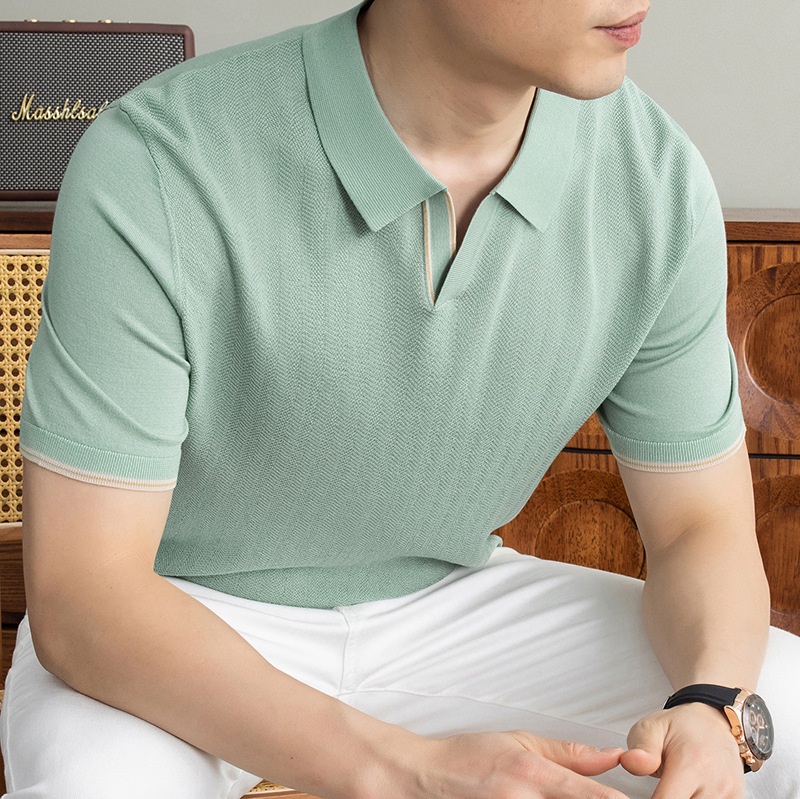 Men's Knitted V-Neck Short Sleeve Polo Shirt