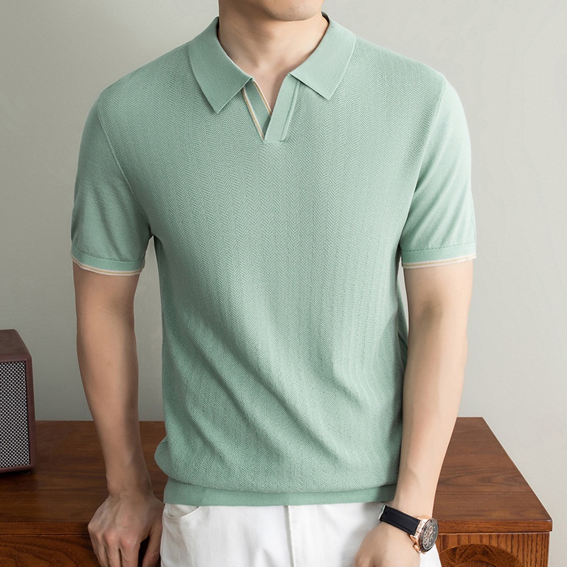 Men's Knitted V-Neck Short Sleeve Polo Shirt