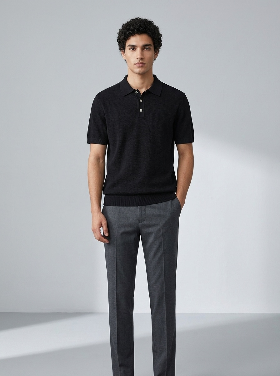 Men's Knitted Short Sleeve Polo Shirt - Casual & Breathable