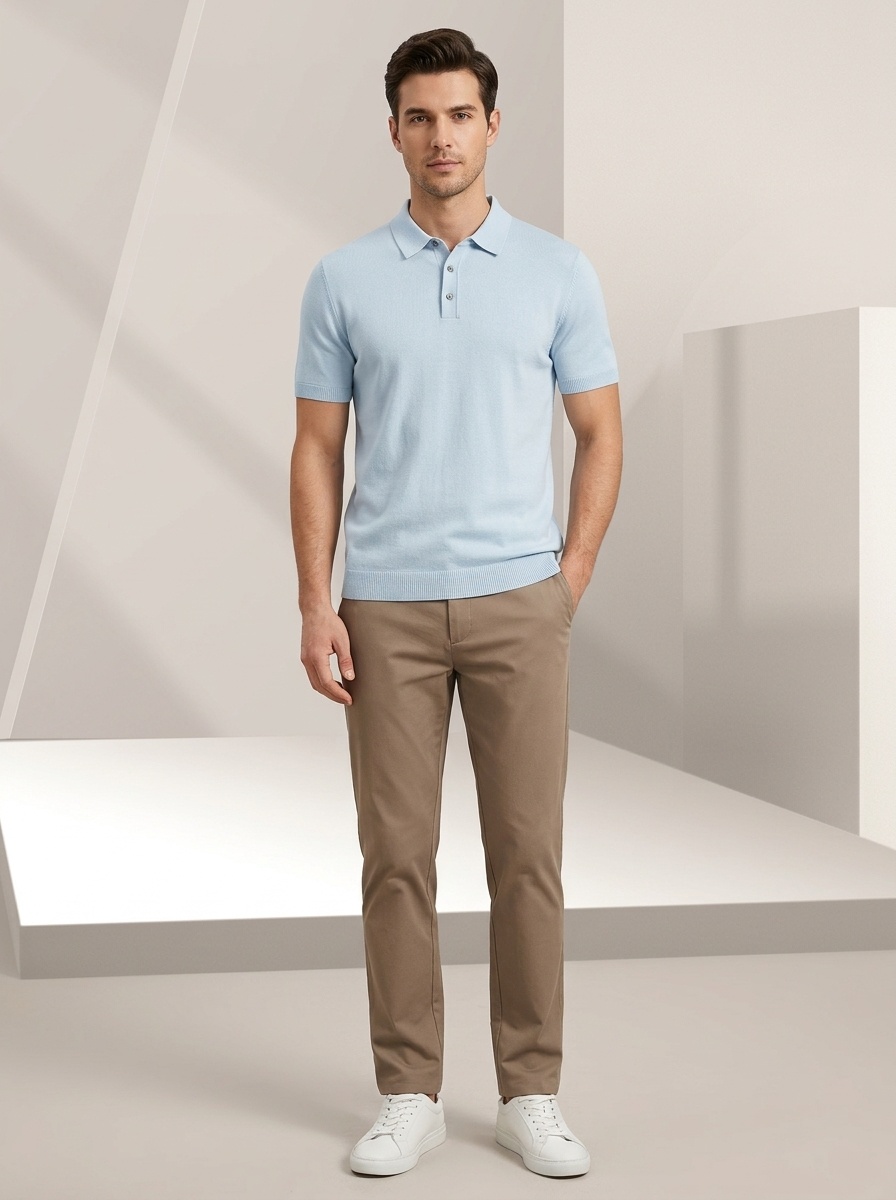 Men's Knitted Short Sleeve Polo Shirt - Casual & Breathable
