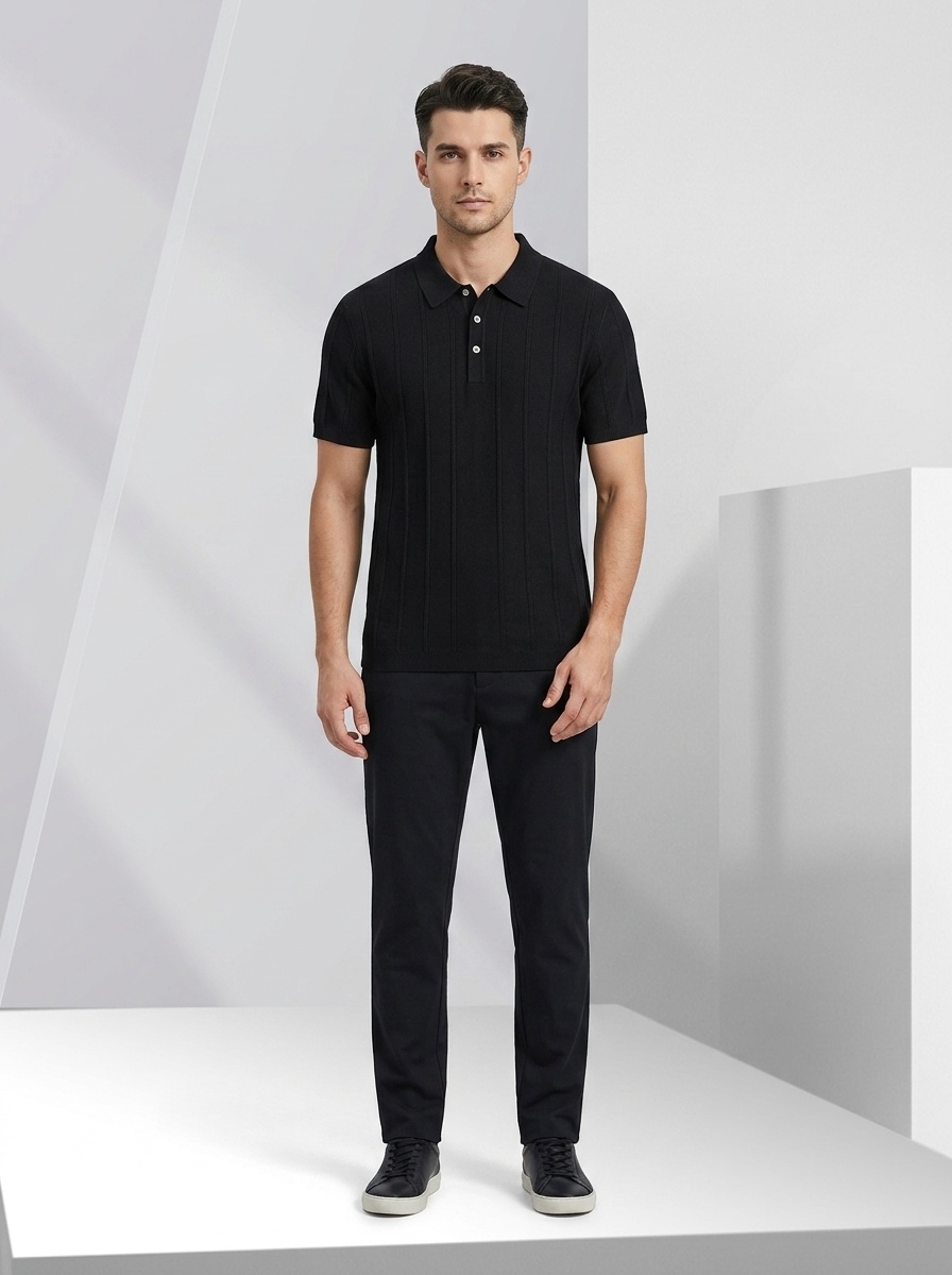 Men's Knitted Ribbed Polo Shirt - Short Sleeve Casual Top
